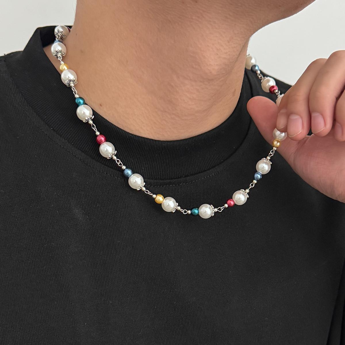 

SHIXIN Hip Hop Colourful Beaded Chain Necklace for Men New Fashion Smooth Imitation Pearl Choker Male Jewelry Neck Accessories