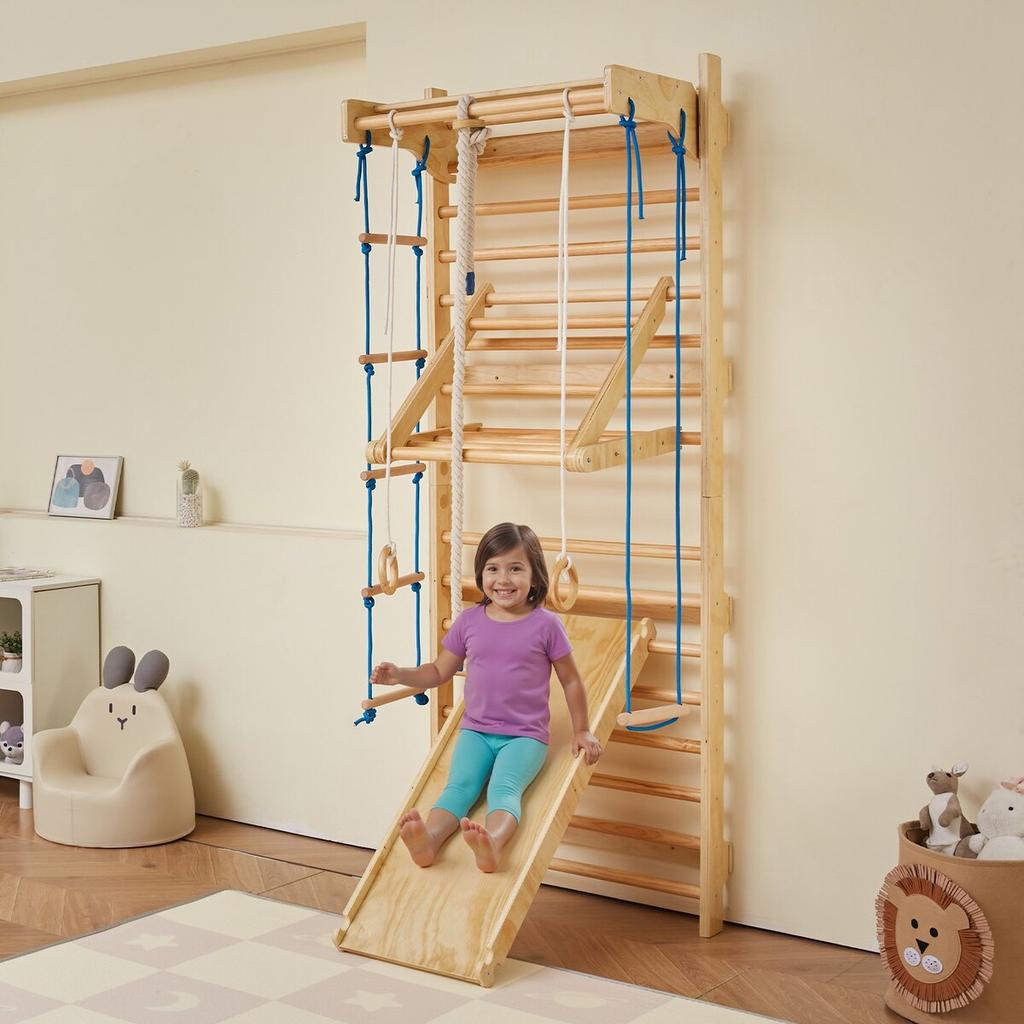 Swedish Ladder Wall Gym, 8-in-1 15 Levels Solid Wood Indoor Jungle Gym, 220LBS Wall Stall Bars Climbing Playset with Wall Ladder, Slide Board, Pull-Up
