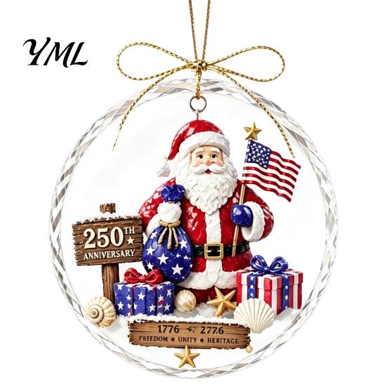 Acrylic Holiday Decorations 250 Anniversary USA Sea Glass Christmas Ornament, 1776-2026 Patriotic Faux Crystal Tree Hanging Ornaments Clear Keepsake,
