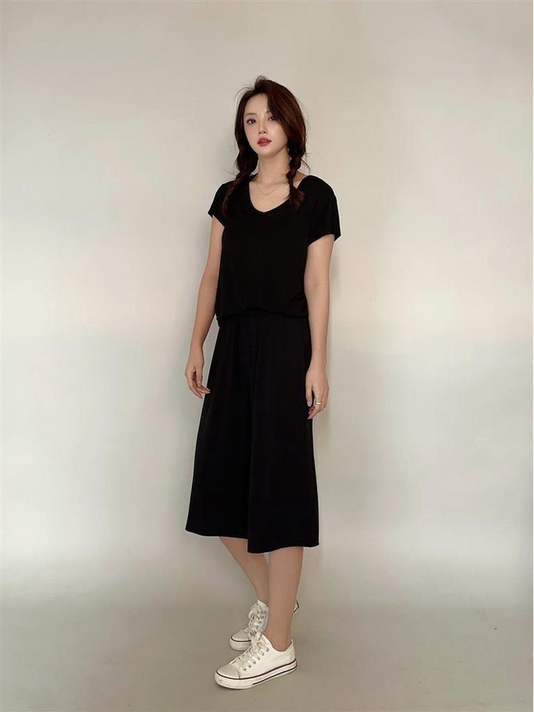 Women's Casual Two-Piece Set: Modal U-Neck T-Shirt & High-Waisted Tie-Waist Wide-Leg Pants