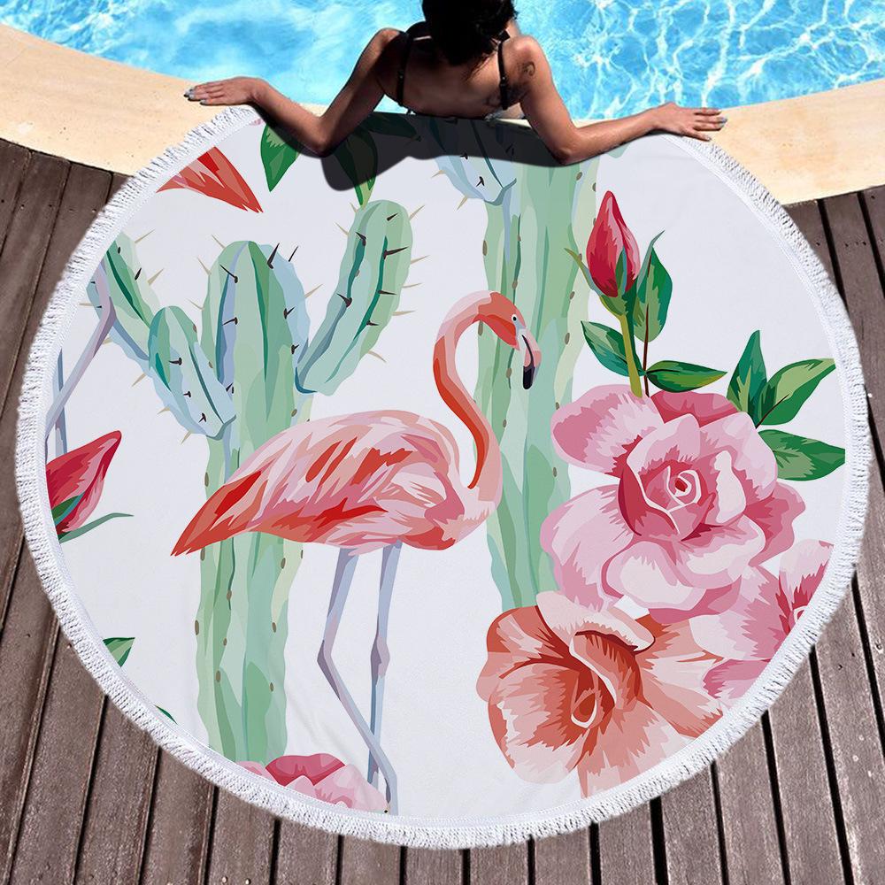 Thick Round Beach Towel Blanket Pink Flamingo Microfiber Picnic Carpet Yoga Mat