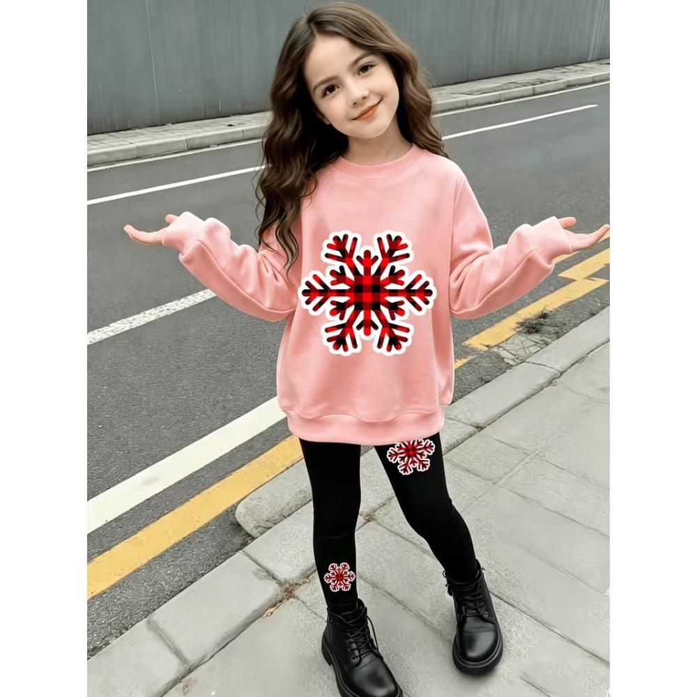 Girls' Plaid Snowflake Casual Comfortable Soft Loose Pullover Sweatshirt and Leggings 2-Piece Set, New Autumn/Winter, Playful, Sweet and Cool Style
