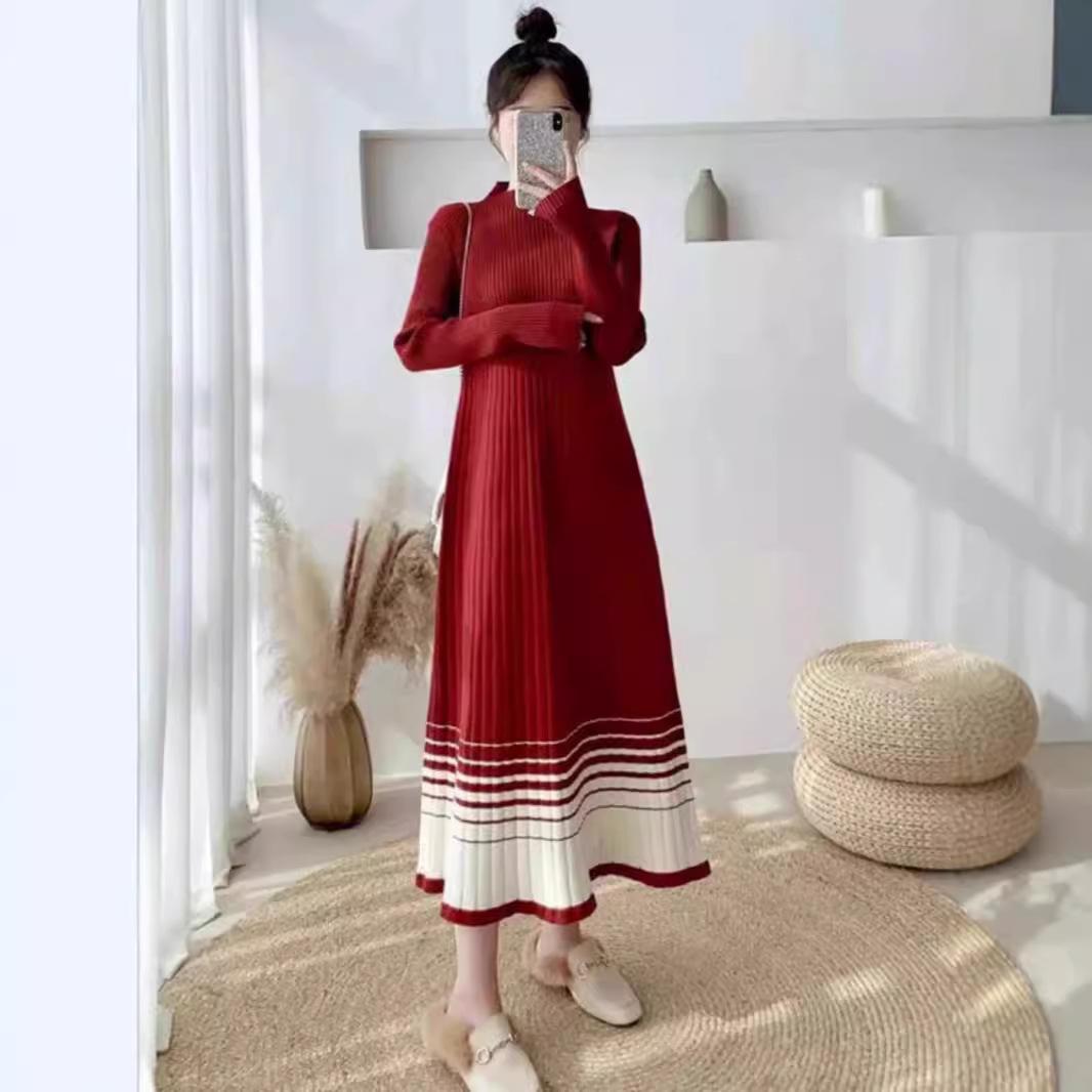 

Вязаное платье для женщин на осень и зиму, облегающее длинное платье для женщин, ретро однотонный свитер с длинным рукавом XL красный