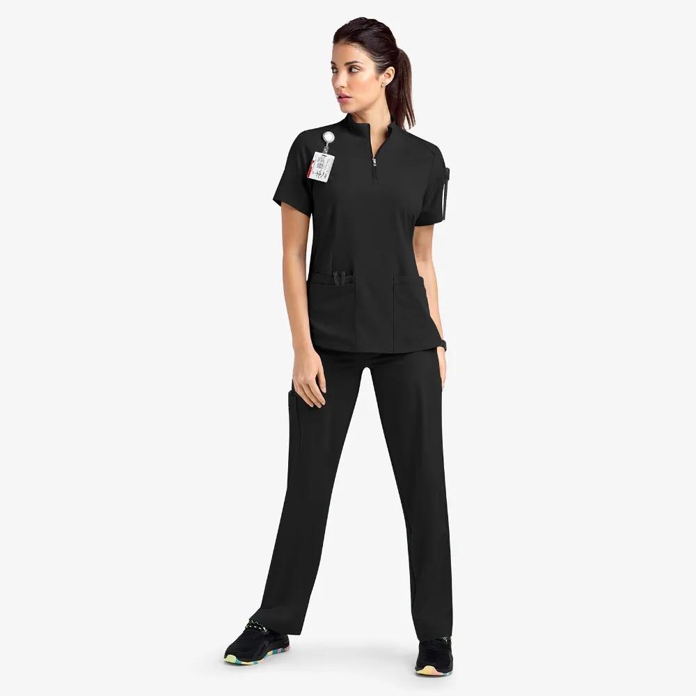 Short-sleeved Surgical Clothing Beauty Salon Nursing Clothing 2024 Summer Casual Stand-up Collar ZipperHospital Nurse Overalls