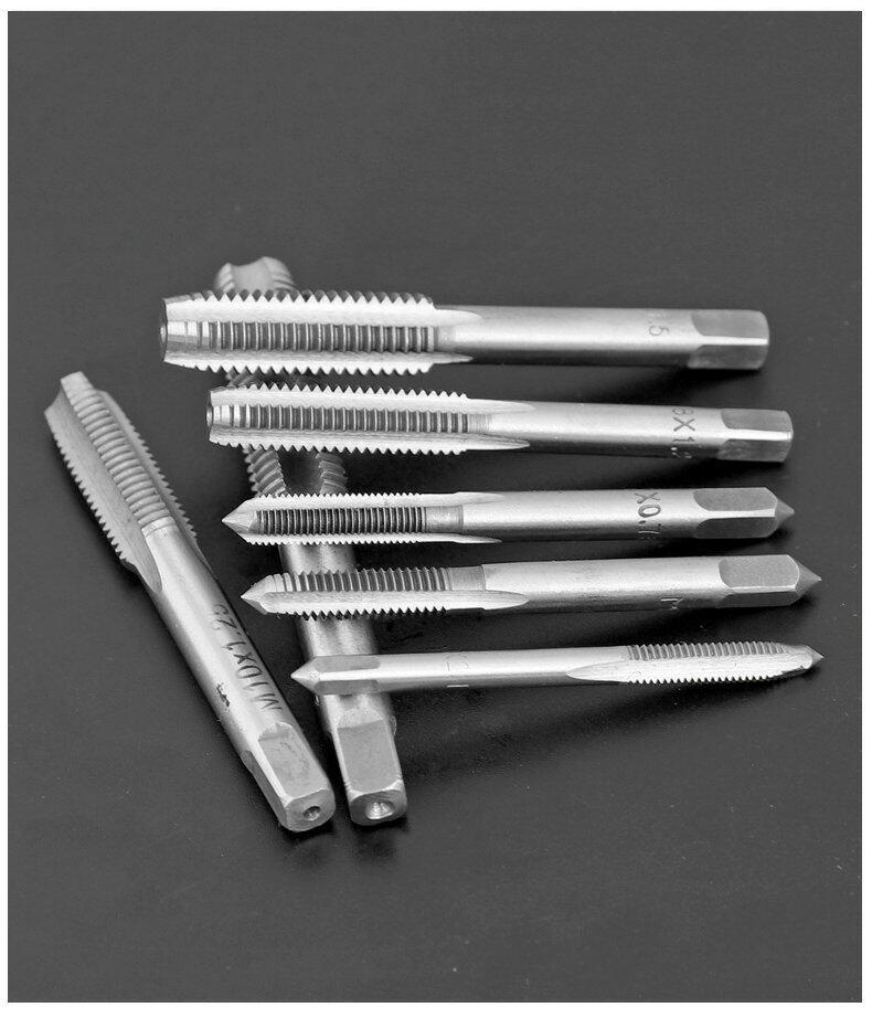 High-Speed Steel Taps & Dies Set: 5, 6, 7, 9-Piece with Tap Wrench and Threading Drill Bits.