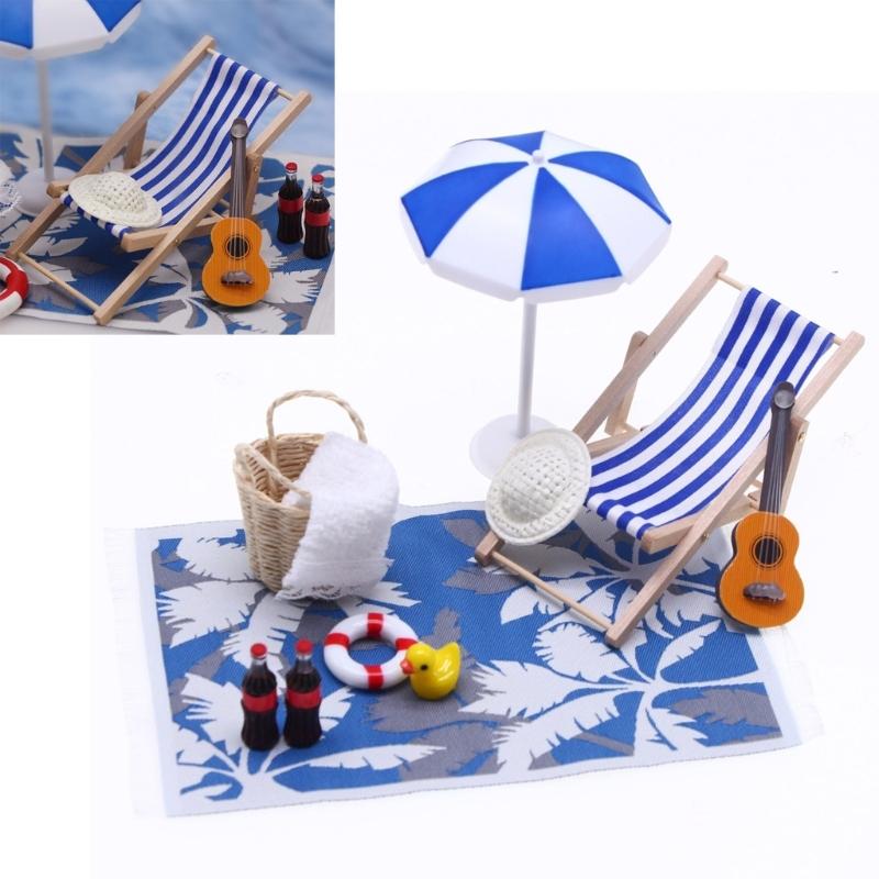 Miniature Seaside Set Doll House Scene Accessory With Wooden Lounge Chair And Sunshade For Kids Imaginative Activity