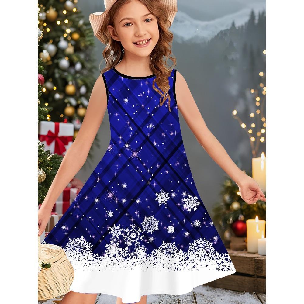 Girl's Summer Cute Christmas Print Sleeveless Vest Dress Fashionable Round Neck Casual Comfortable Soft Breathable Mini Dress