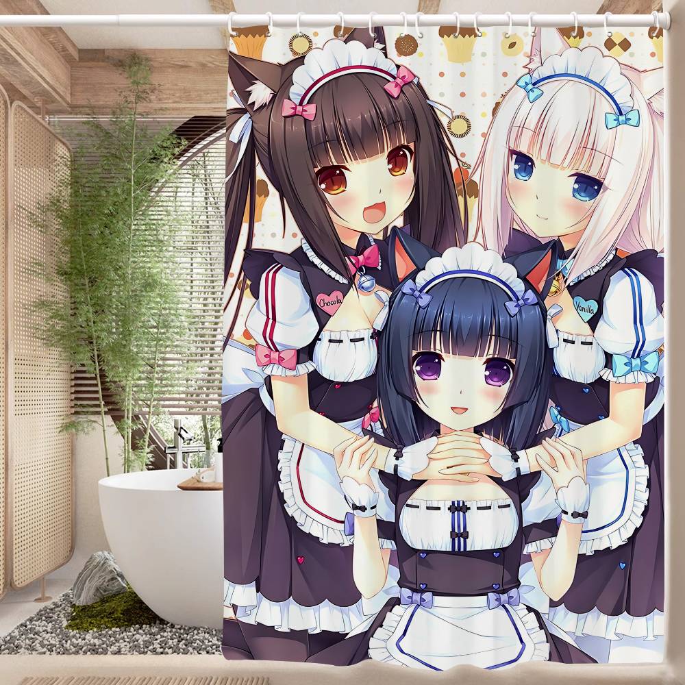 Nekopara Neko Anime Pattern Bathing Curtain Bathroom Shower Curtain Waterproof With 12 Hooks Home Deco