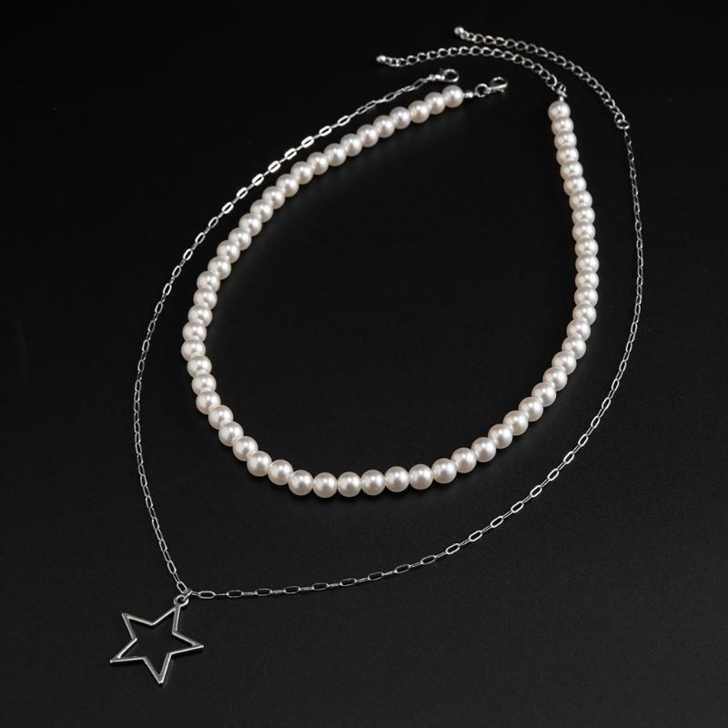 Bolt/Star Pendant Choker Layered Necklace Imitation Pearls Bead Neckchain for Women Girls Fashionable Jewelry Gift