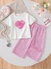 Baby Girl's Two-Piece Summer Outfit, Cute Casual Fresh Style, Heart Patch & Bowknot Round Neck Short Sleeve T-Shirt with Loose Striped Long Pants Set