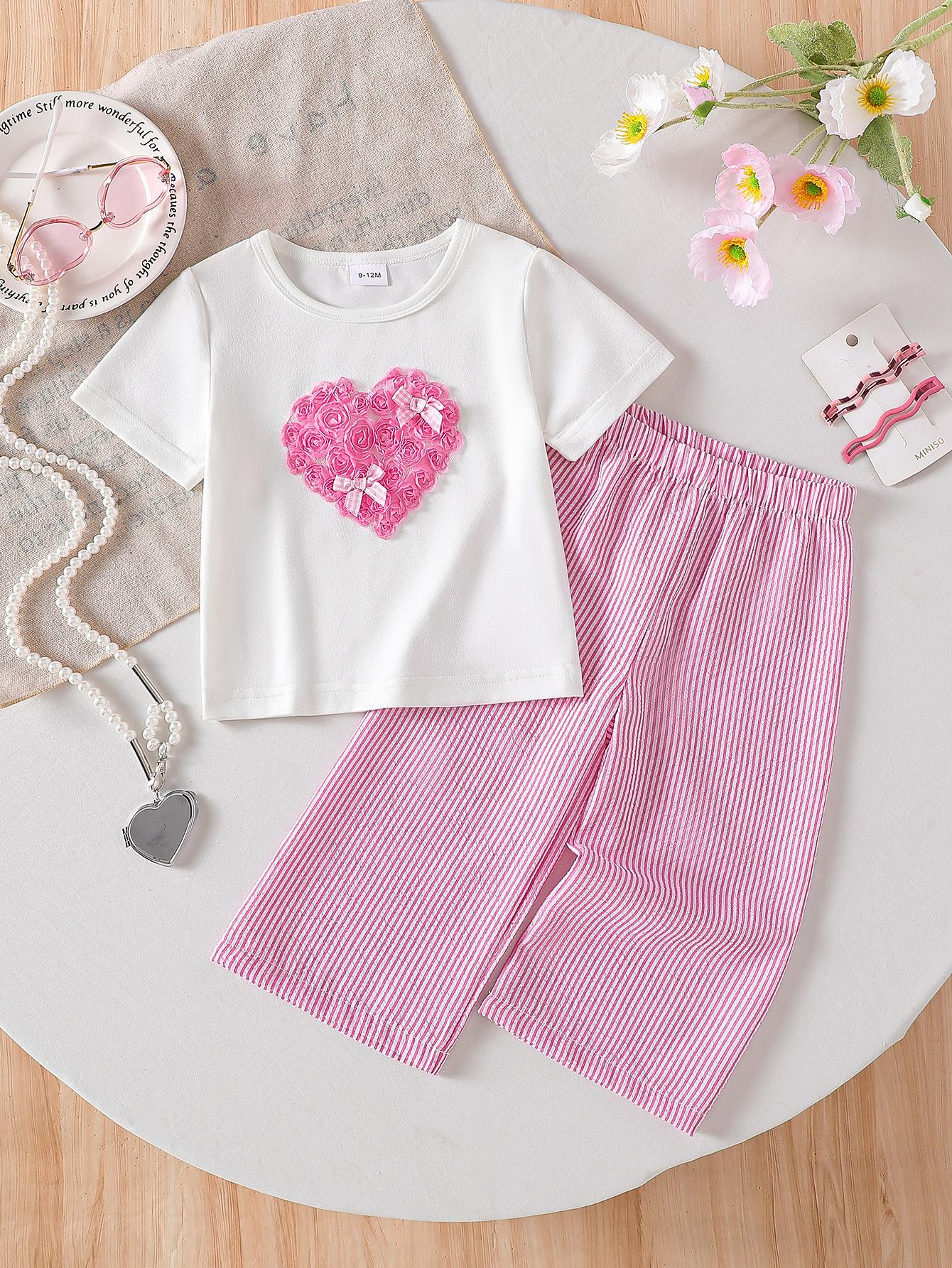 Baby Girl s Two-Piece Summer Outfit, Cute Casual Fresh Style, Heart Patch  Bowknot Round Neck Short Sleeve T-Shirt with Loose Striped Long Pants Set 6-9M розовый