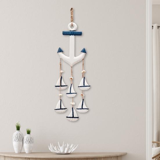 Rustic Ocean Windchime Coastal Beach Theme Wooden Hanging Decor with Hemp Rope for Indoor Outdoor Nautical Patio Garden Decor