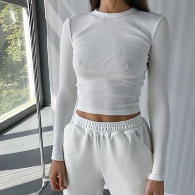 O-hals shirt met lange mouwen Dames geribbeld Sexy cropped tops Lente Zwart Casual mager slank Basic vrouw T-shirts Wit