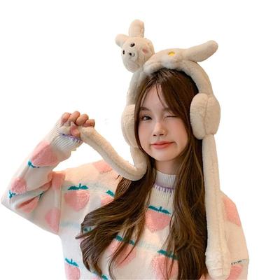 Winter Warm Furry Earmuffs Rabbit/Dinosaur Cosplay Ear Warmers with Moving Jumping Ears Outdoor Cold Weather