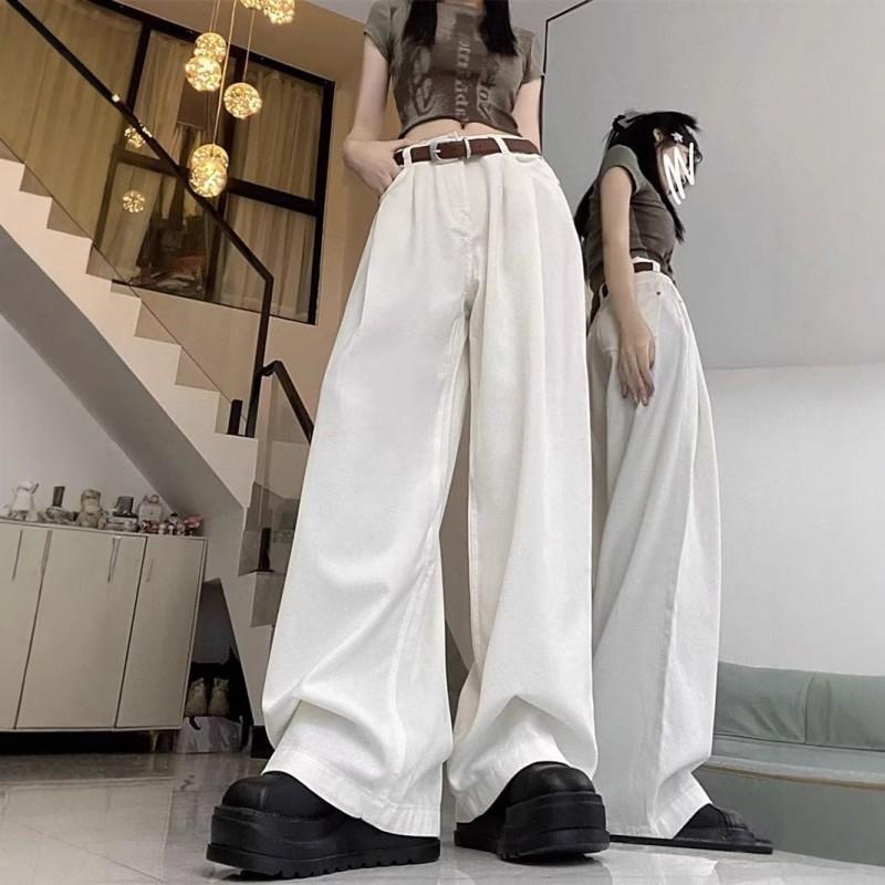 Womens White High-Waisted Wide-Leg Straight Cut Denim Pants Loose Fit Casual Trousers Collection
