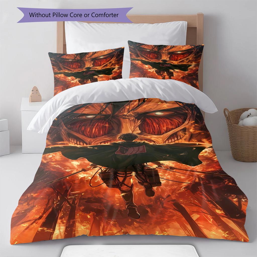 Pościel z motywem Attack on Titan, Zestaw kołdry Poszewka na kołdrę Poszewka na poduszkę Domowy prezent urodzinowy (1 * poszwa na kołdrę + 2 * poszewki na poduszki, bez rdzenia)