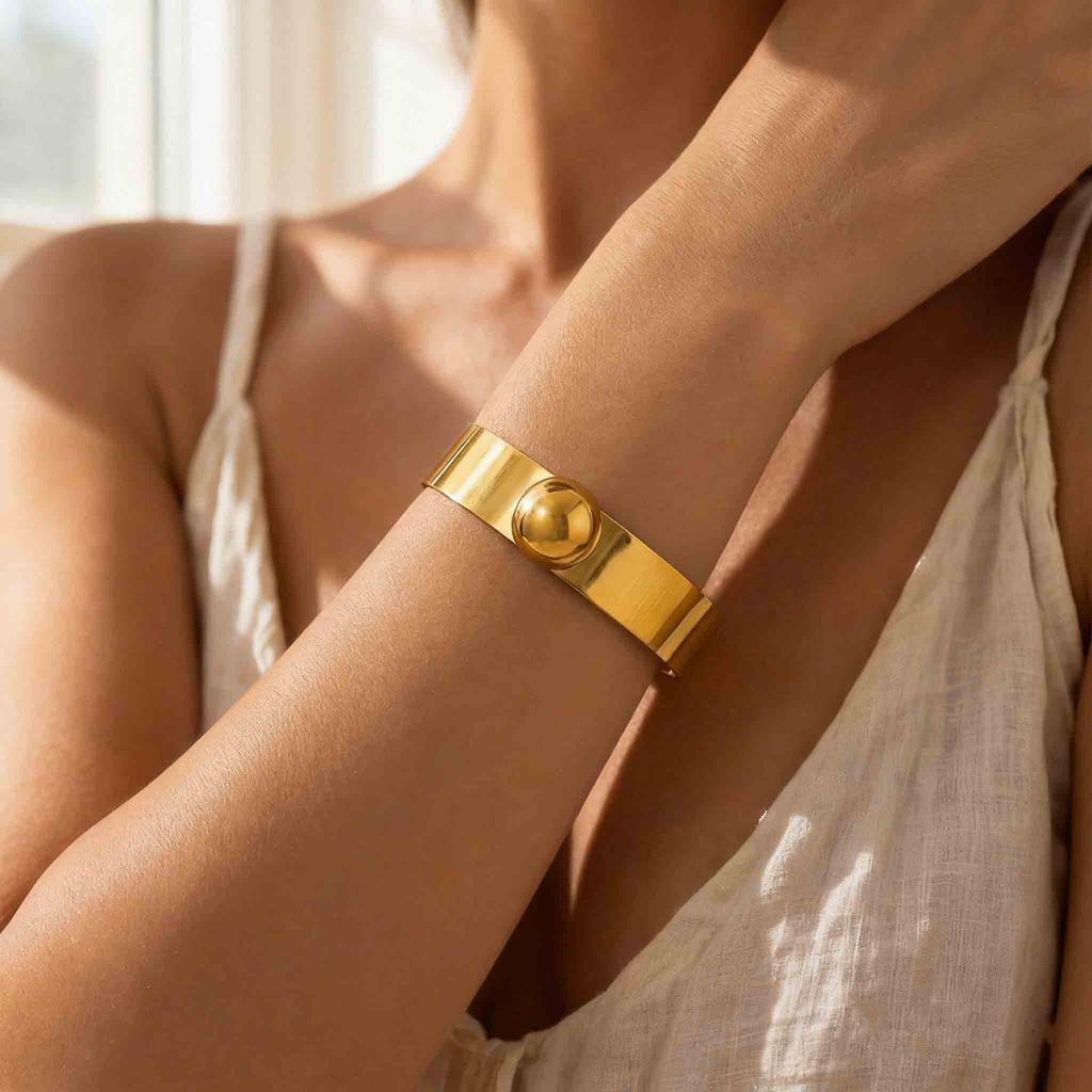 18K Gold Plated Wide Band Open Cuff Bracelet with Exaggerated Round Ball Design