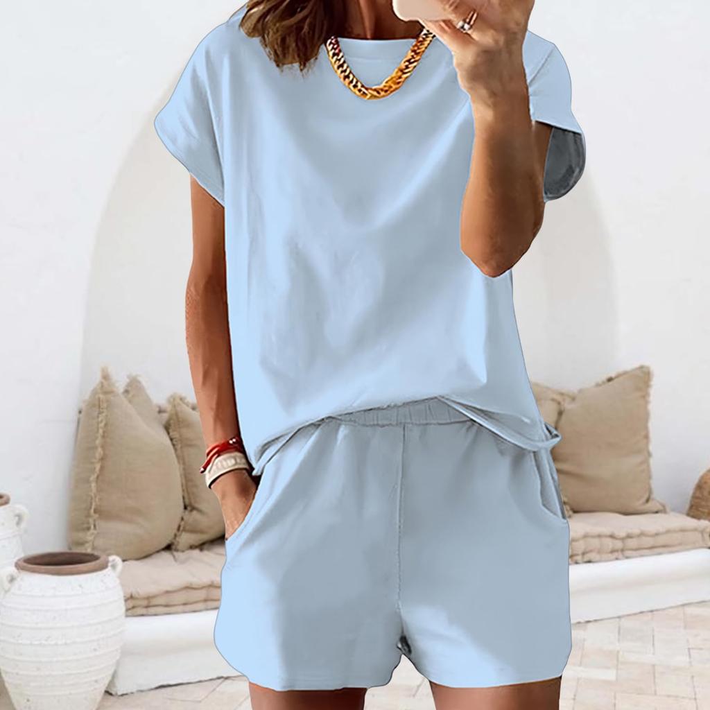 Completo Estivo da Donna a Maniche Corte con Tasche, Girocollo, Vestibilità Rilassata, Due Pezzi per l'Uso Quotidiano