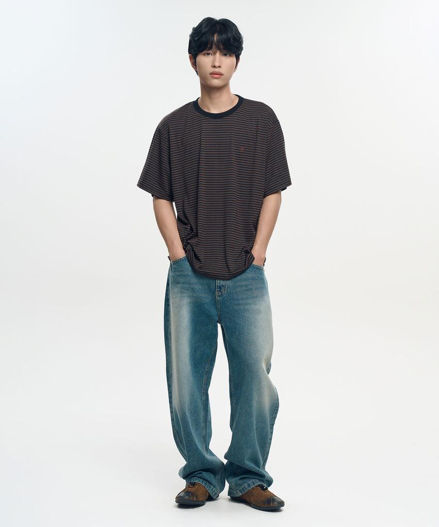 SLOW RECORD HOUSE Striped Short Sleeve T-Shirt_Brown