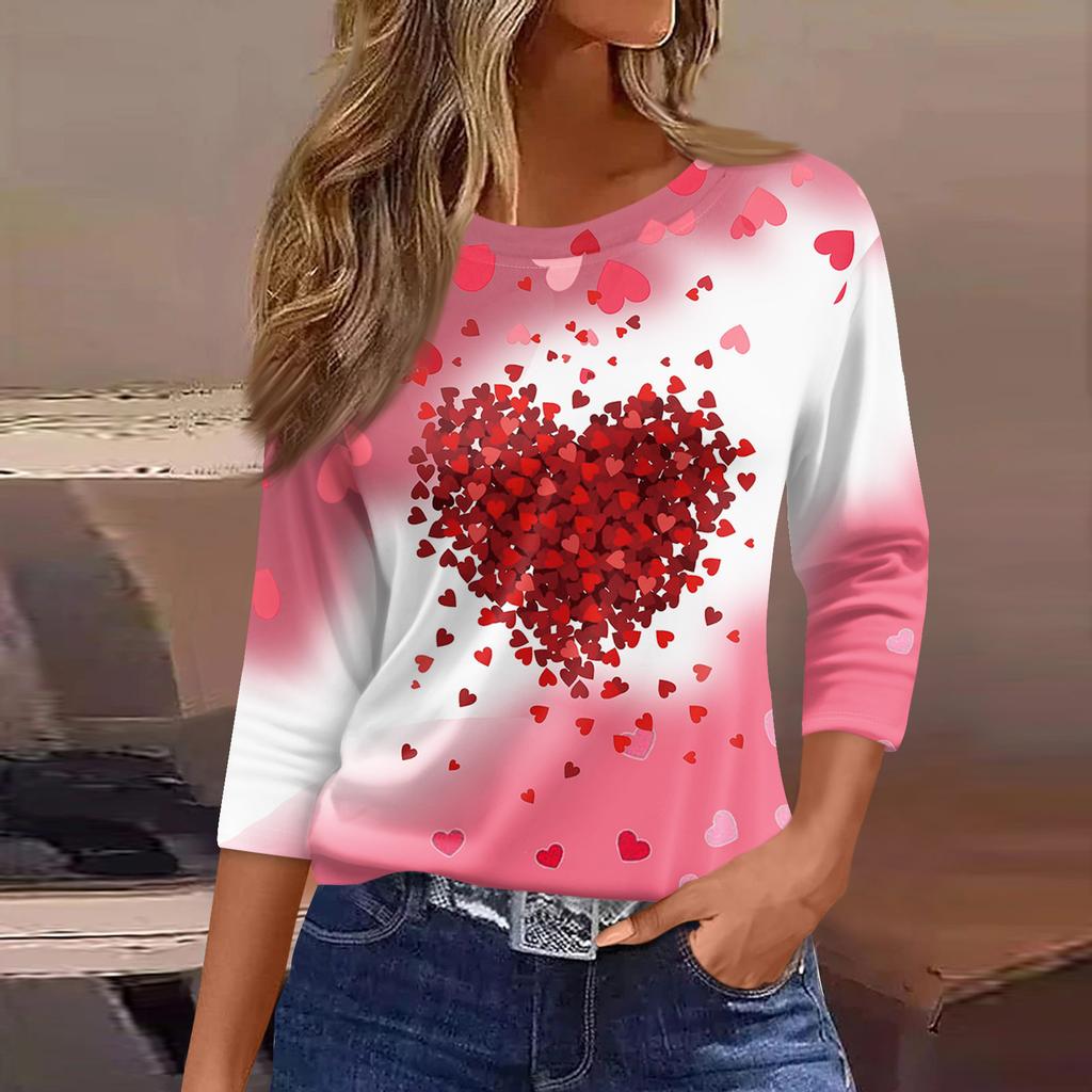 Women's Fashion Casual Round Neck 3/4 Sleeve Loose  Printed T-Shirt Ladies Top
