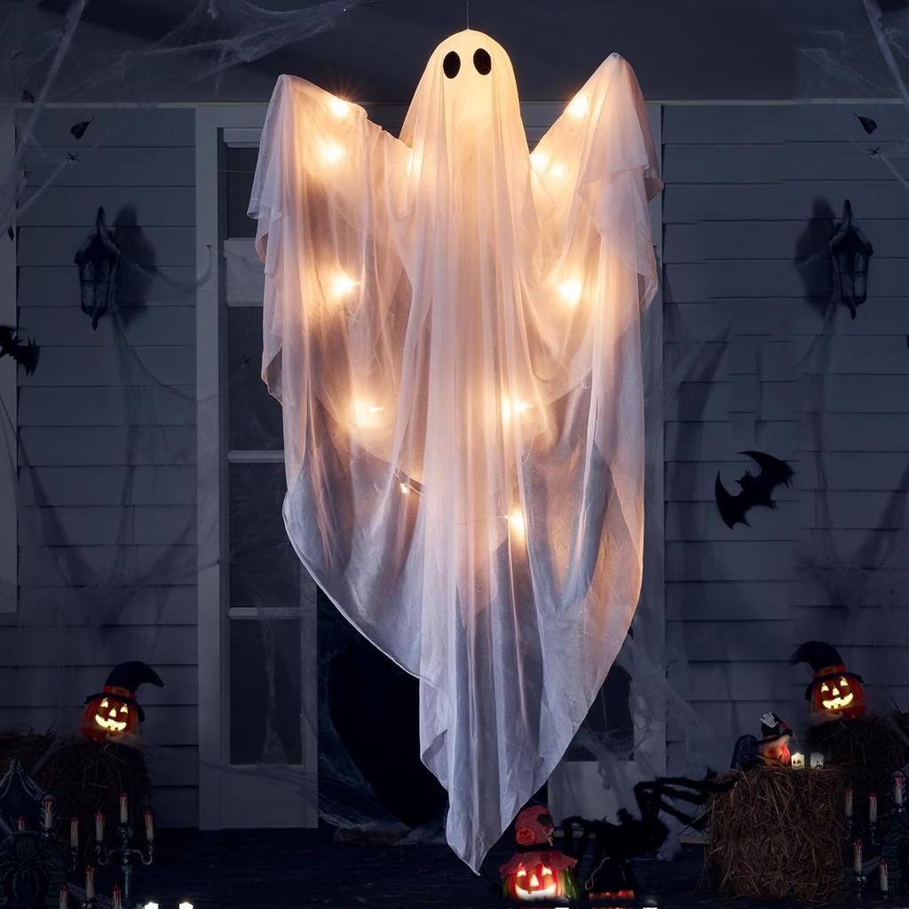 Joyfy 47inch Halloween Outdoor Hanging Ghost Decorations Light Up White Ghosts with Spooky Warm White Light for Halloween Party