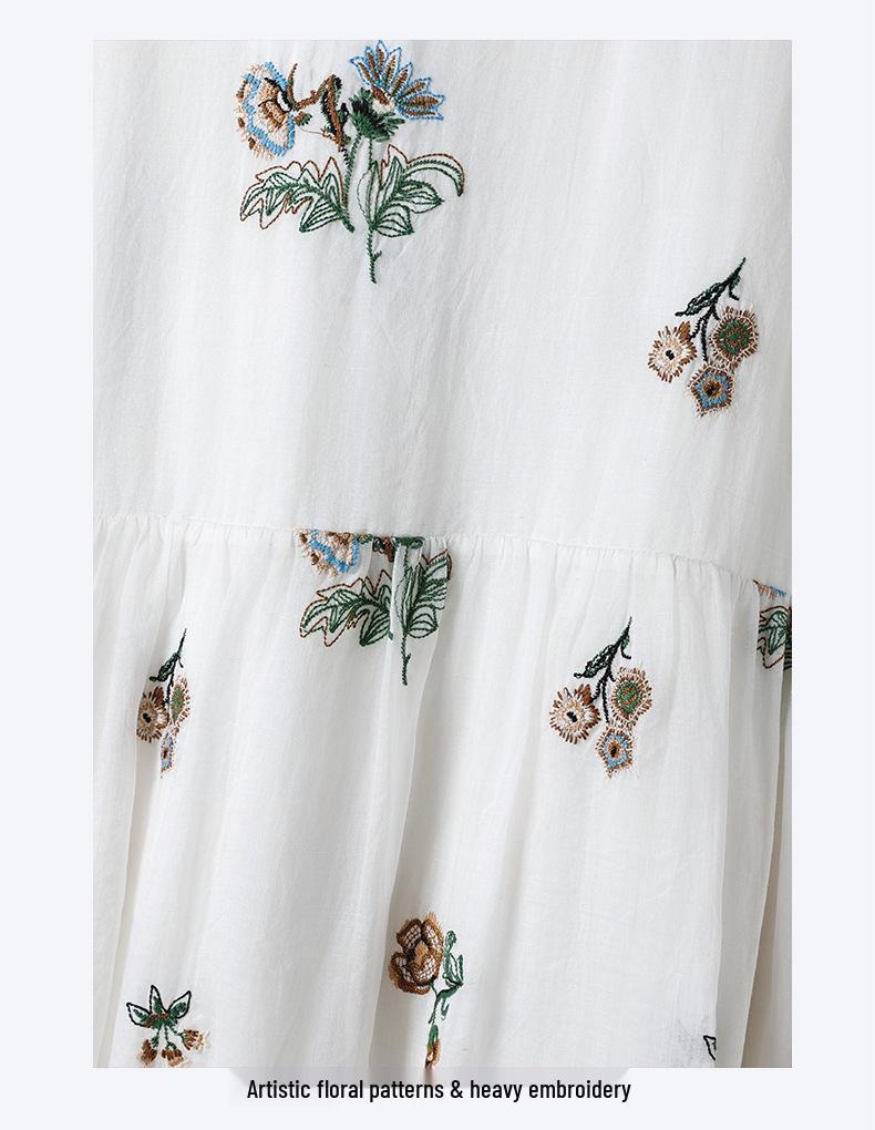 2026 Summer Women's White Embroidered Floral Linen Seaside Vacation Dress - Loose, Flowing, Fairy-Like Design