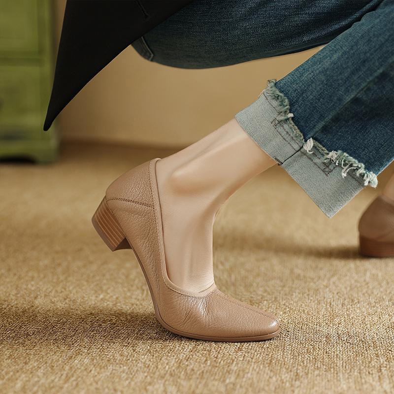 Fashion 2025 New Genuine Leather pumps Fashion Slip-On Spring Women's Shoes med-heel Square Toe Boat Shoes Handmade Size 34-41