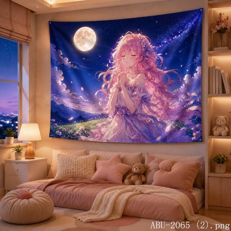 Galaxy Moon Animation Girl Aesthetic Tapestry Dream Cosmic Cartoon Wall Hanging Dorm Anime Bedroom Home Decor