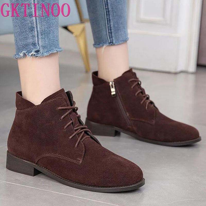 Fashion GKTINOO Women Chelsea Boots 2025 Autumn Winter New Genuine Leather Fashion Casual Shoes Women Cow Suede Lace-up Ankle Boots
