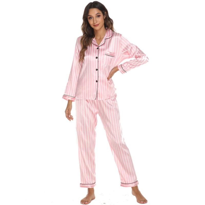 Ladies Pyjamas Loungewear Set Striped Cardigan Long Sleeve Long Trousersschool Pajamas  Cardigan Pink Trousers Pyjama