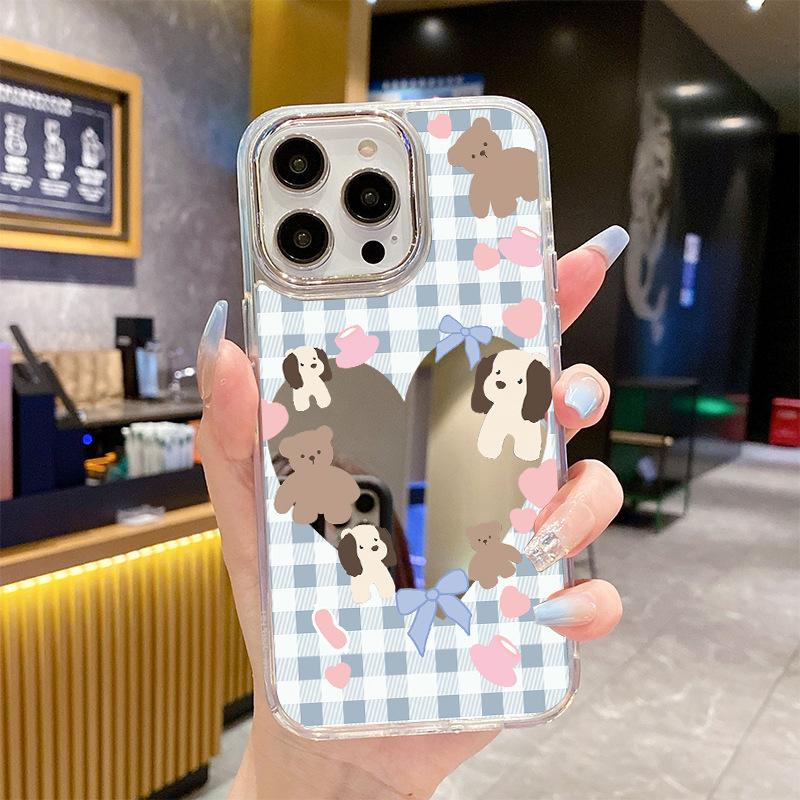 Plaid love mirror iPhone mobile phone case cartoon bear bow apple 13PM anti-drop protective case