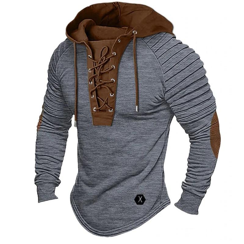 Men's Casual Long-sleeved Hooded Pullover Color Matching Lace-up Hooded Sports Streetwear Bronzing Sweatshirt