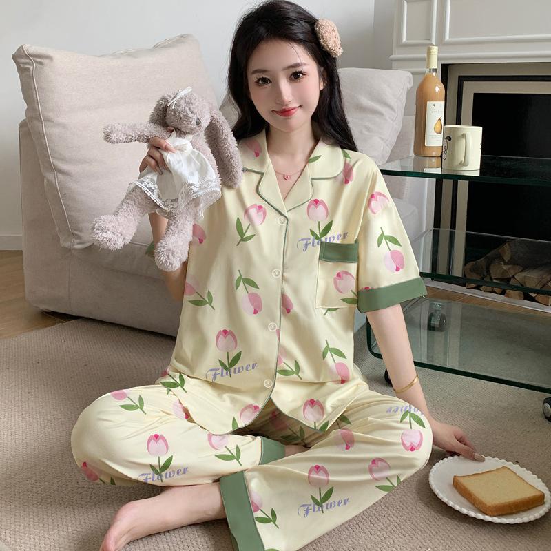 Imitation cotton pajamas women's summer new fashion casual cardigan short-sleeved trousers large size autumn loungewear