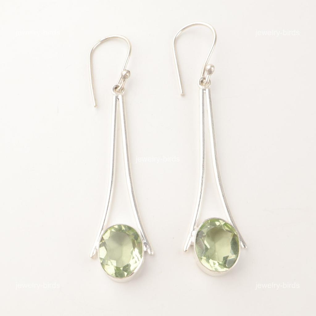Oval Green Amethyst Gemstone Sterling Silver Wife Gift Dangle Earrings Jewelry EE-136-19