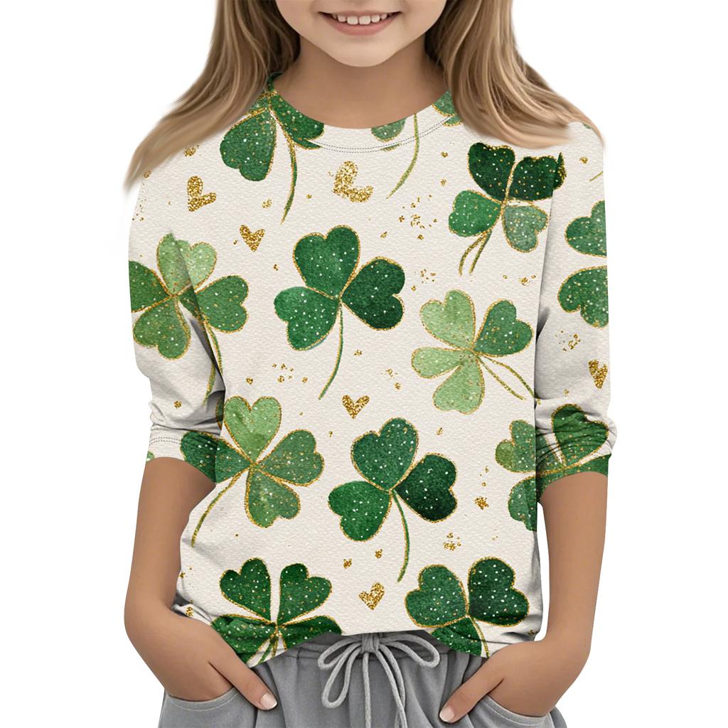 St. Patrick's Day Print Tops For Youth Girls 4-11 Years Round Neck 3/4 Sleeves T-Shirts Trendy Tops Outfit Tees