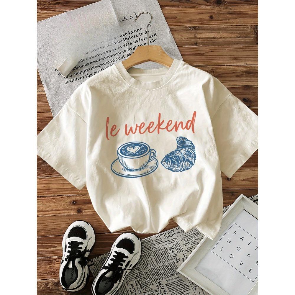 

Women s Le Weekend Graphic T-Shirt Short Sleeve Crew Neck Casual Top Coffee Croissant Print with Orange Lettering Printed Tee M