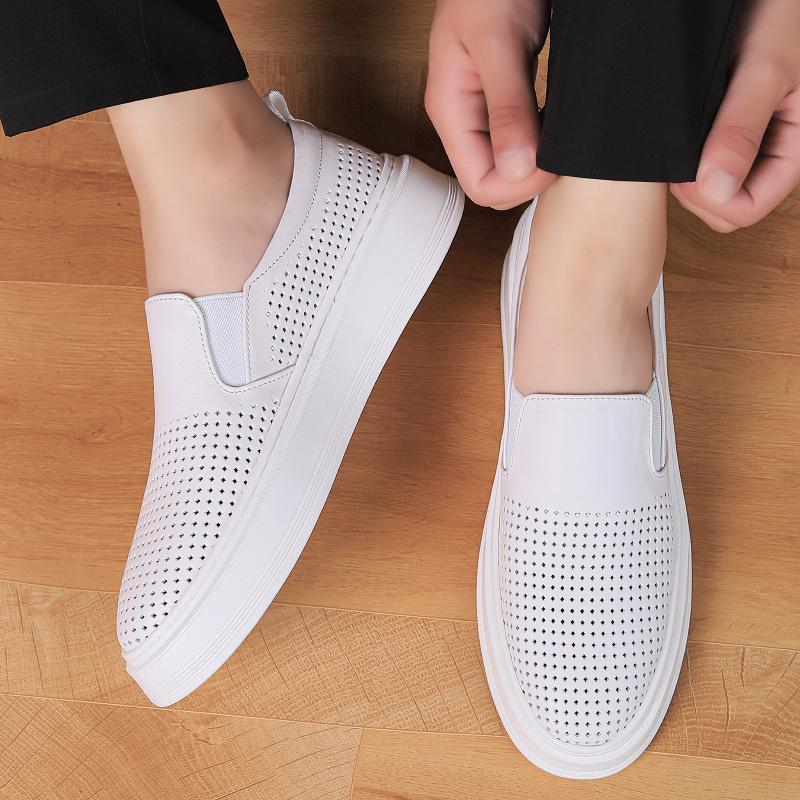 Fashion Male Breathable Genuine Leather Punching Simple Loafers Comfty Casual Slip-ons Man Walking Shoe Summer Men Shoes Hiking Footwear