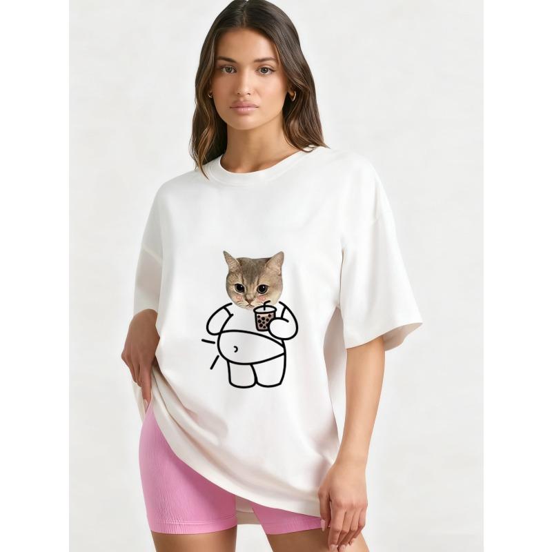 

Oversized T Shirt Black Cat Face Print Casual Wear for Women Summer Fashion Loose Fit Streetwear Style XXXXL