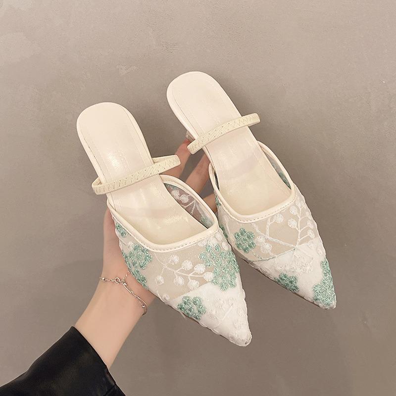 

Summer new mesh high-heeled cool slippers women s gentle pointed head with thin heel bag head half slippers 41 зелений