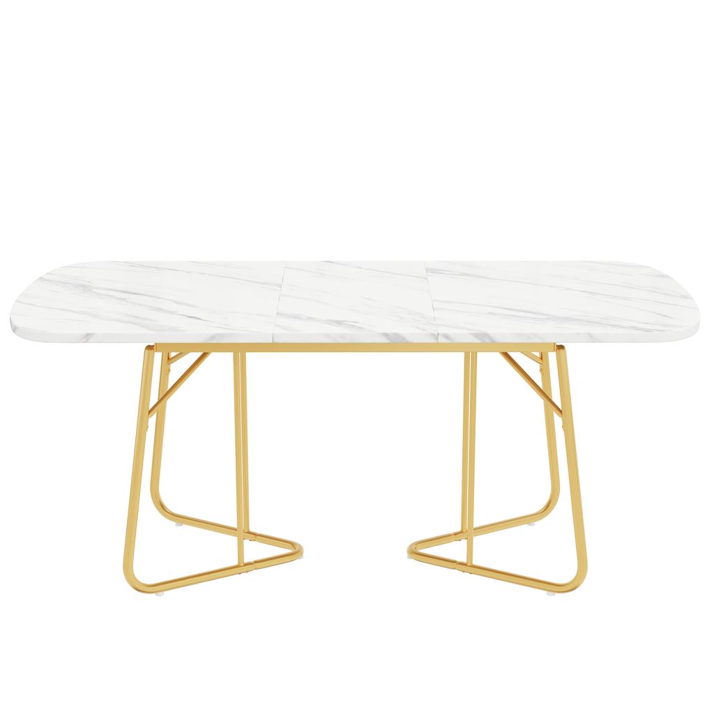 White Extendable Dining Table with Marble Structure, Gilded Metal Table Legs, 140/180*80 Cm, Exquisite Luxury, Rectangular, Suitable for 4–6 Persons