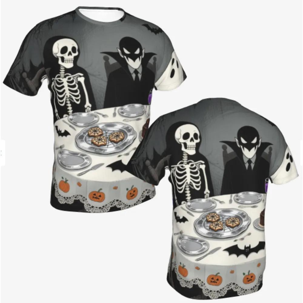 

Halloween themed T-shirt, men s and women s styles, 3D printed skull dining scene pattern top XS