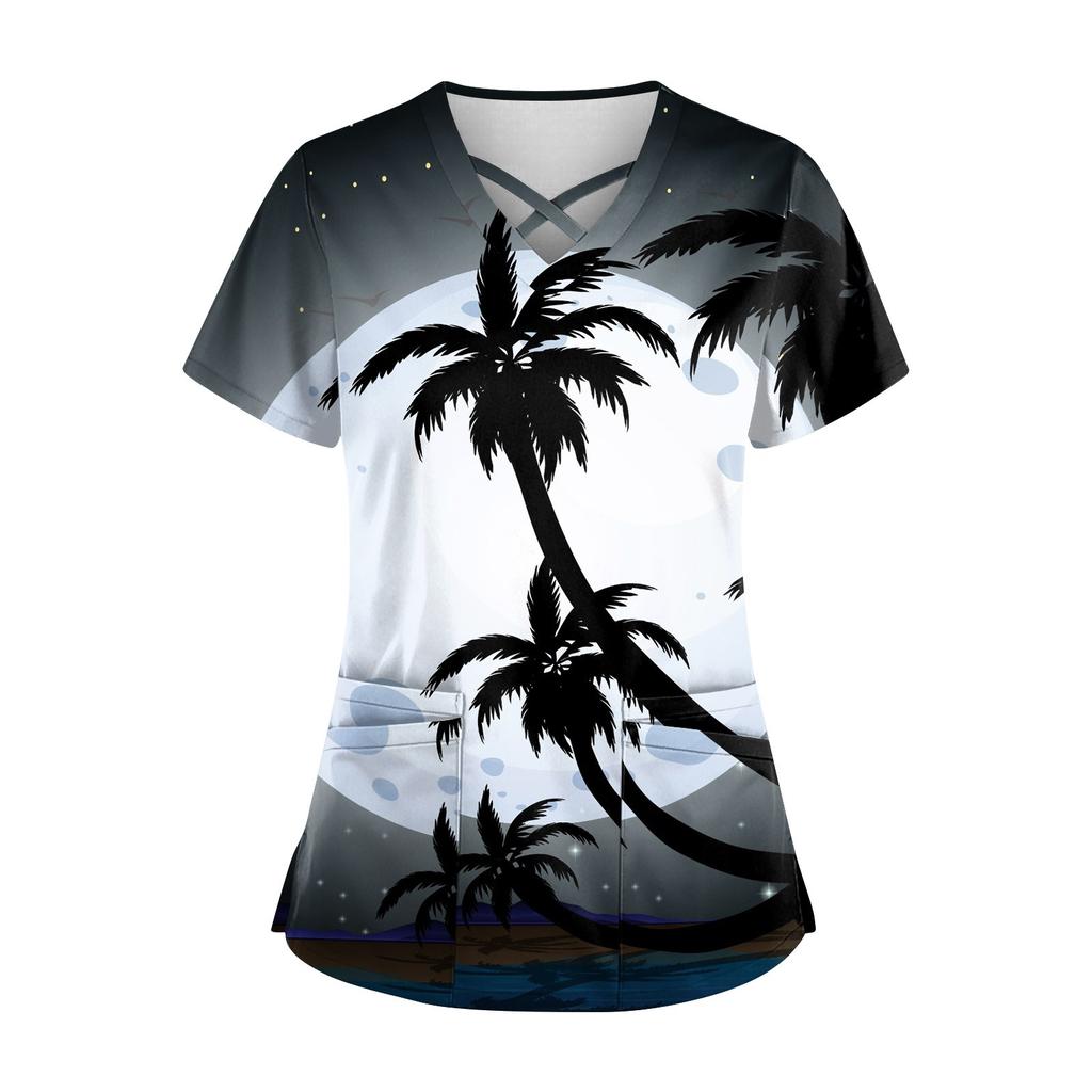 Women's Hawaii Printed Uniform Work Uniform V-Neck Pocket Protective Work Uniform