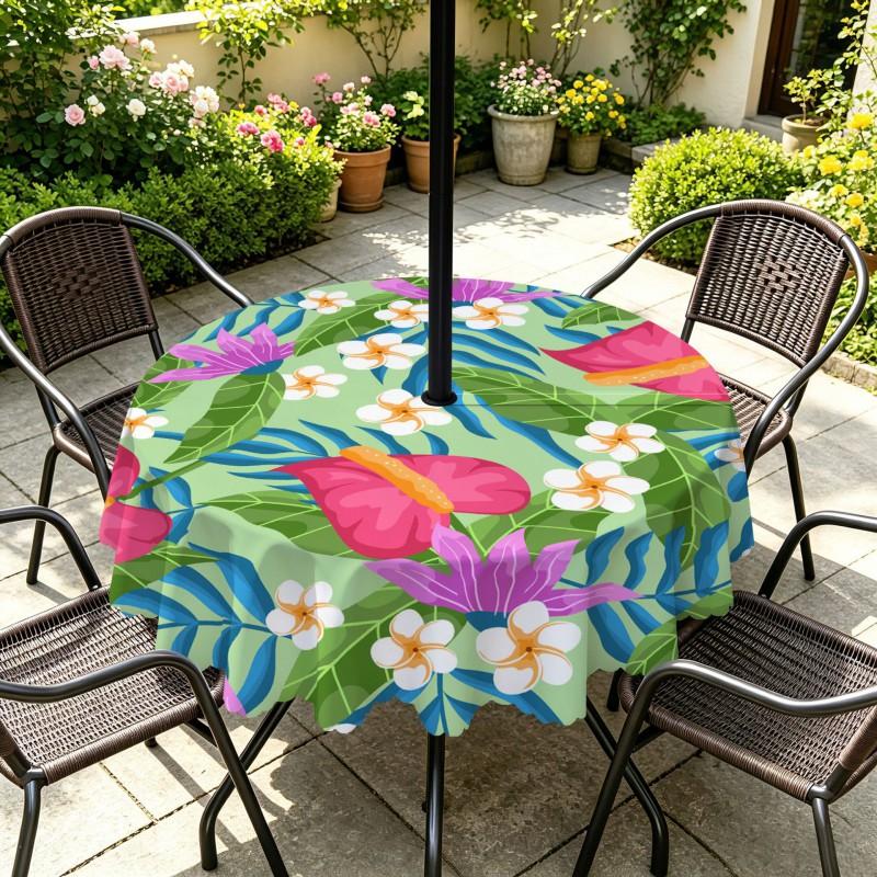 Outdoor Round Tablecloth With Umbrella Hole Waterproof Oil Resistant Floral Leaf Patio Garden Deck