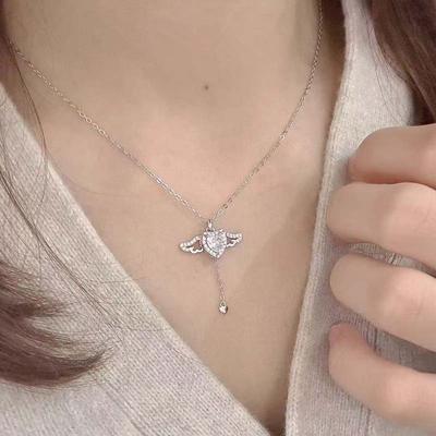 Elegant Heart with Wings Pendant Necklace, Dainty CZ Y-Type Choker, Romantic Bridal Wedding Jewelry Gift for Women