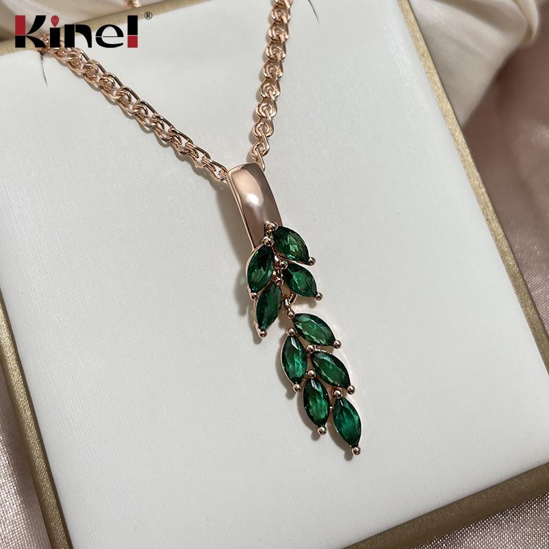 Vintage Green Zircon Leaf Pendant Necklace Rose Gold Color Luxury Dangle Necklace For Women Gift