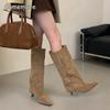Mid Heel Women's Black Mid-Calf Boots Slip on Pointed Toe Shoes Elegant Office Ladies Suede Autumn Long Boots for Women Size35