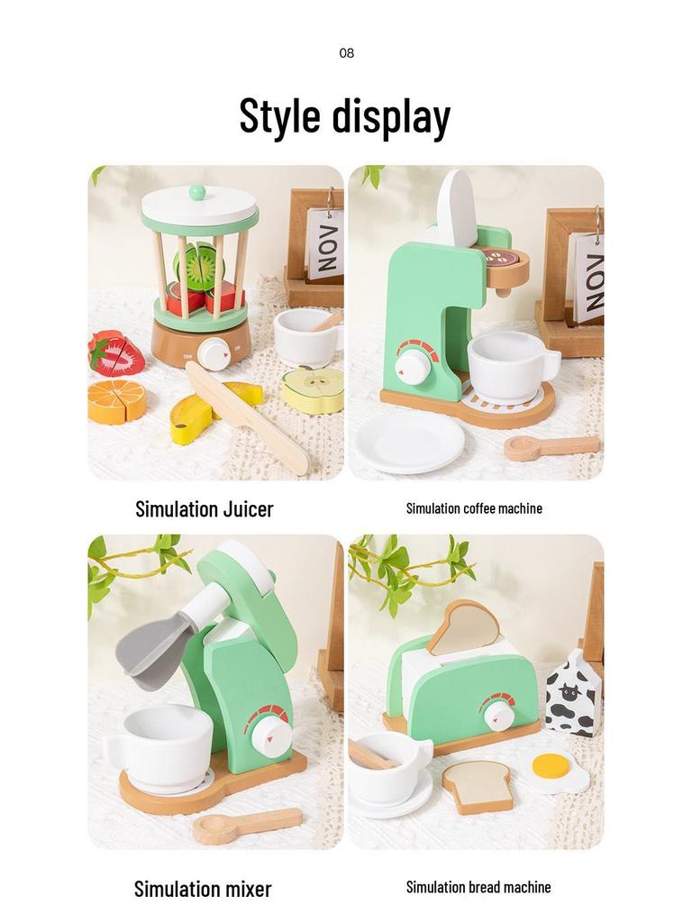 Toddler Pretend Play Wooden Kitchen Set: Toaster, Mixer, Coffee Maker, Juicer Toy.