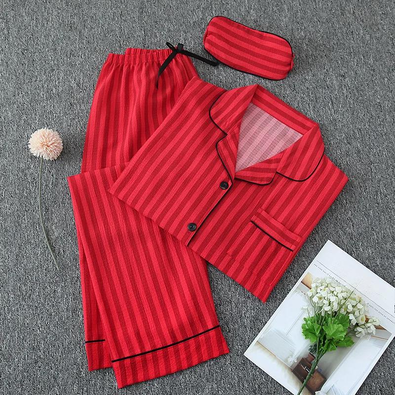 

Женская новая полосатая пижама, комплект домашней одежды, хлопковая пижама с пузырьками и складками, комплект с длинными рукавами и длинными штанами, маска для глаз M красный