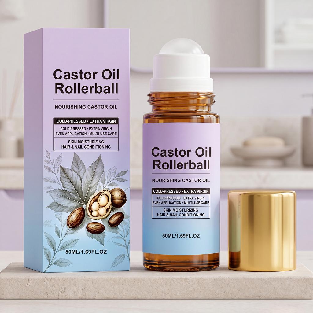 Moisturizing Castor Oil Rollerball Nourish Skin Smooth Cuticles Hydrate Hair Silky Shine Lightweight Care Oil 50ml