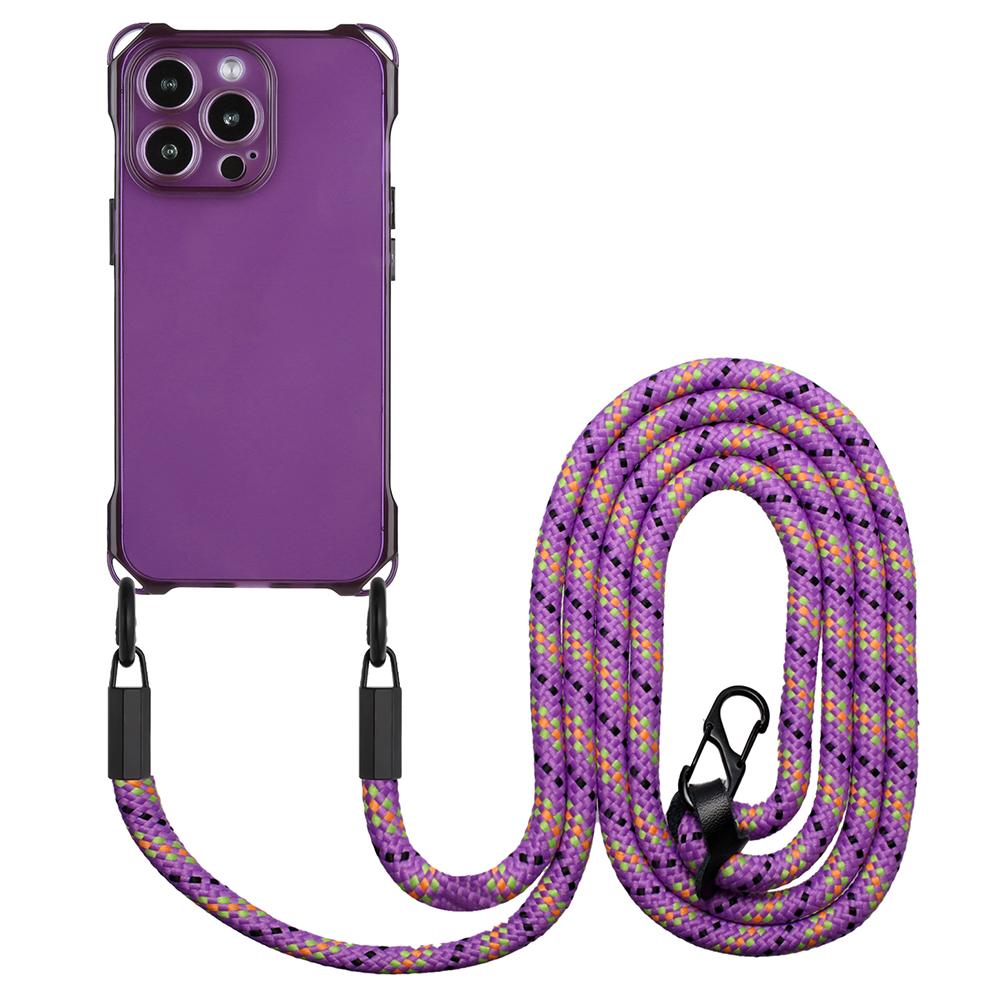 

For iPhone 16 Pro Max TPU Case Four Corner Drop-Proof Back Cover with Long Strap Purple